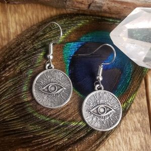Silver Occult Radiating All Seeing EYE earrings Goth Witchy Spiritual Gift idea